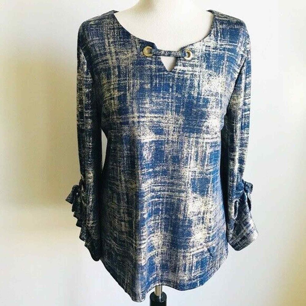 JM Collection‎ Women Metallic Top Grommet Tie Bell Long Sleeve  LP NWT